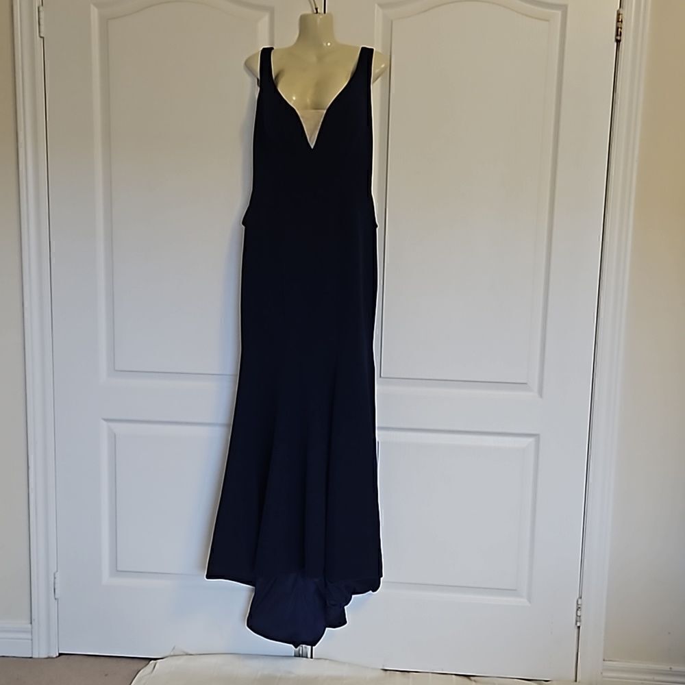 Brides Women's Mermaid High-Low Draped Low Back Maxi Dress Size 8 Navy Blue